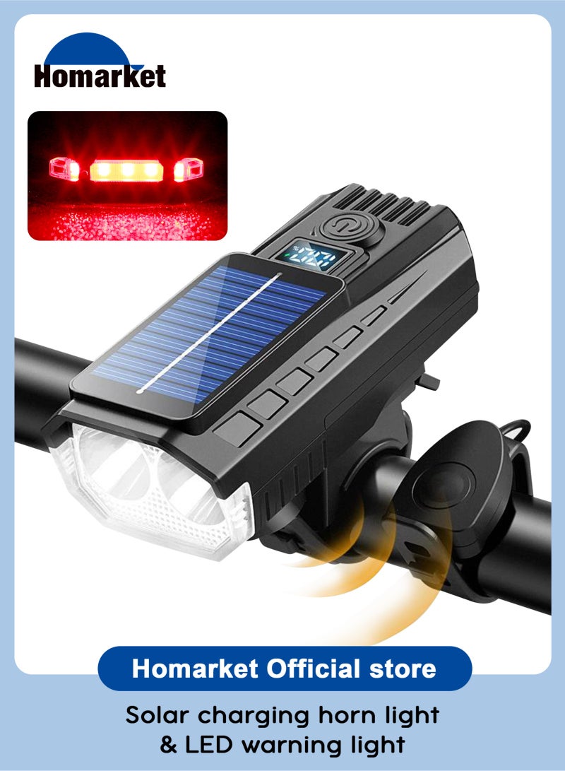 هومار كيت مصباح دراجة يعمل بالطاقة الشمسية وقابل لإعادة الشحن عبر منفذ USB-C، مزود بضوء تحذير خلفي، وبطارية سعة 1500 مللي أمبير، و4 أوضاع إضاءة، وبوق أمان بقوة 120 ديسيبل، وشاشة عرض طاقة LCD. مثالي للدراجات الهوائية على الطرقات والجبال. - Image 1